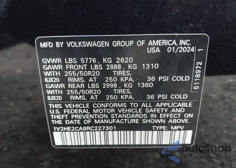 2024 Volkswagen Atlas Cross Sport 2.0T Se W/Technology из США, поврежденный, VIN 1V2HE2CA9RC227301